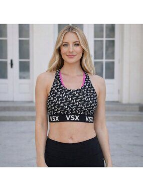 VSX Victoria Secret Sports Bra Small Petite Pink Black White Geometric Racer Bac